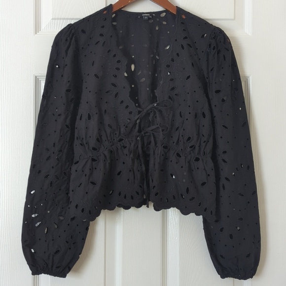 Express Tops - Express Bohemian Eyelet Embroidered Long Sleeve Tie Front Cropped Blouse Black S